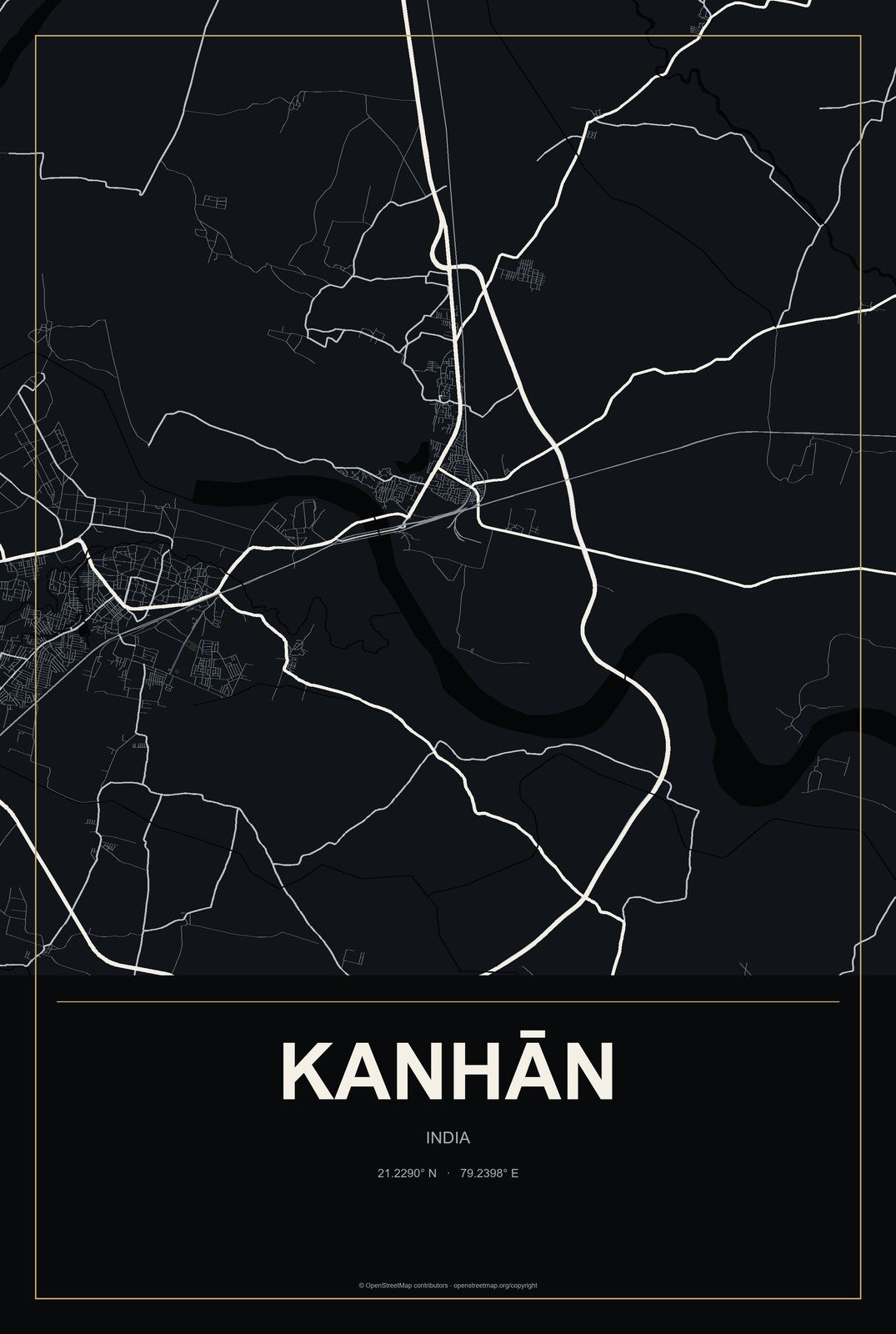 Kanhān, India City Map Aluminum Sign in Metropolitan Noir style