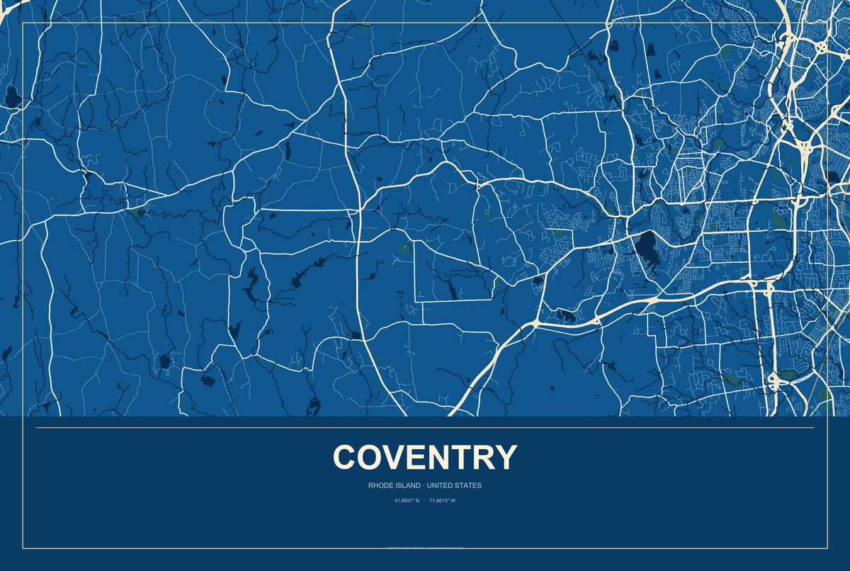 Coventry, Rhode Island City Map Aluminum Sign in Harbor Cobalt style