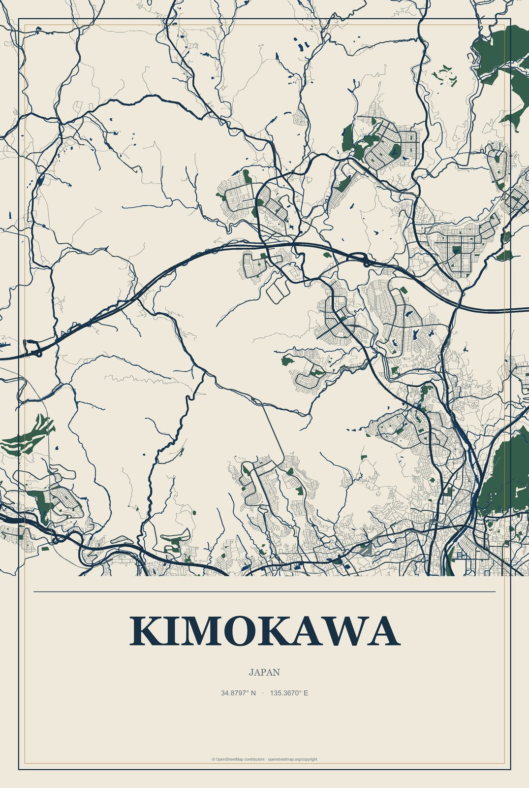 Kimokawa, Japan City Map Aluminum Sign in Coastal Cutout style
