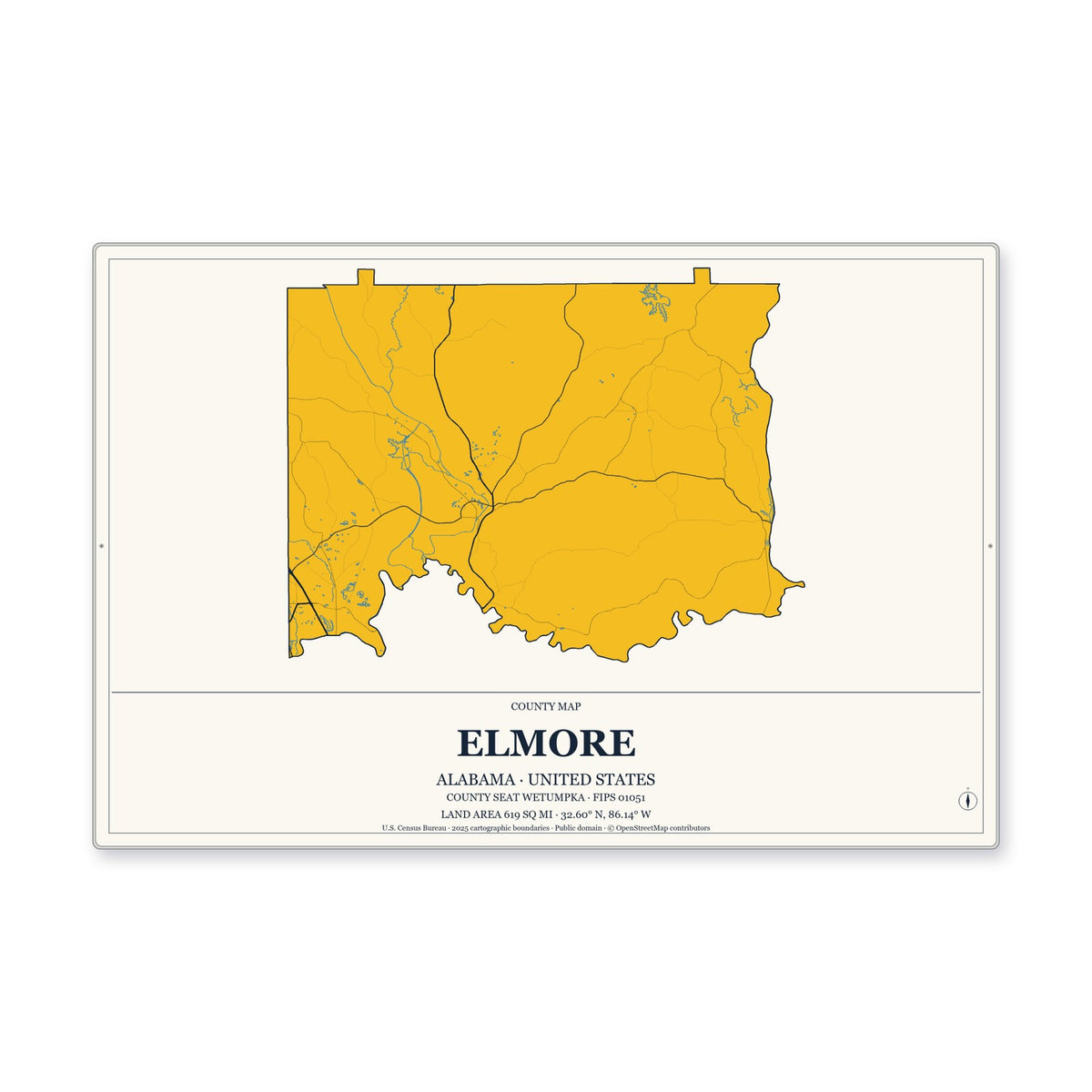 Elmore County, Alabama Map Aluminum Sign in Citrine Modern style