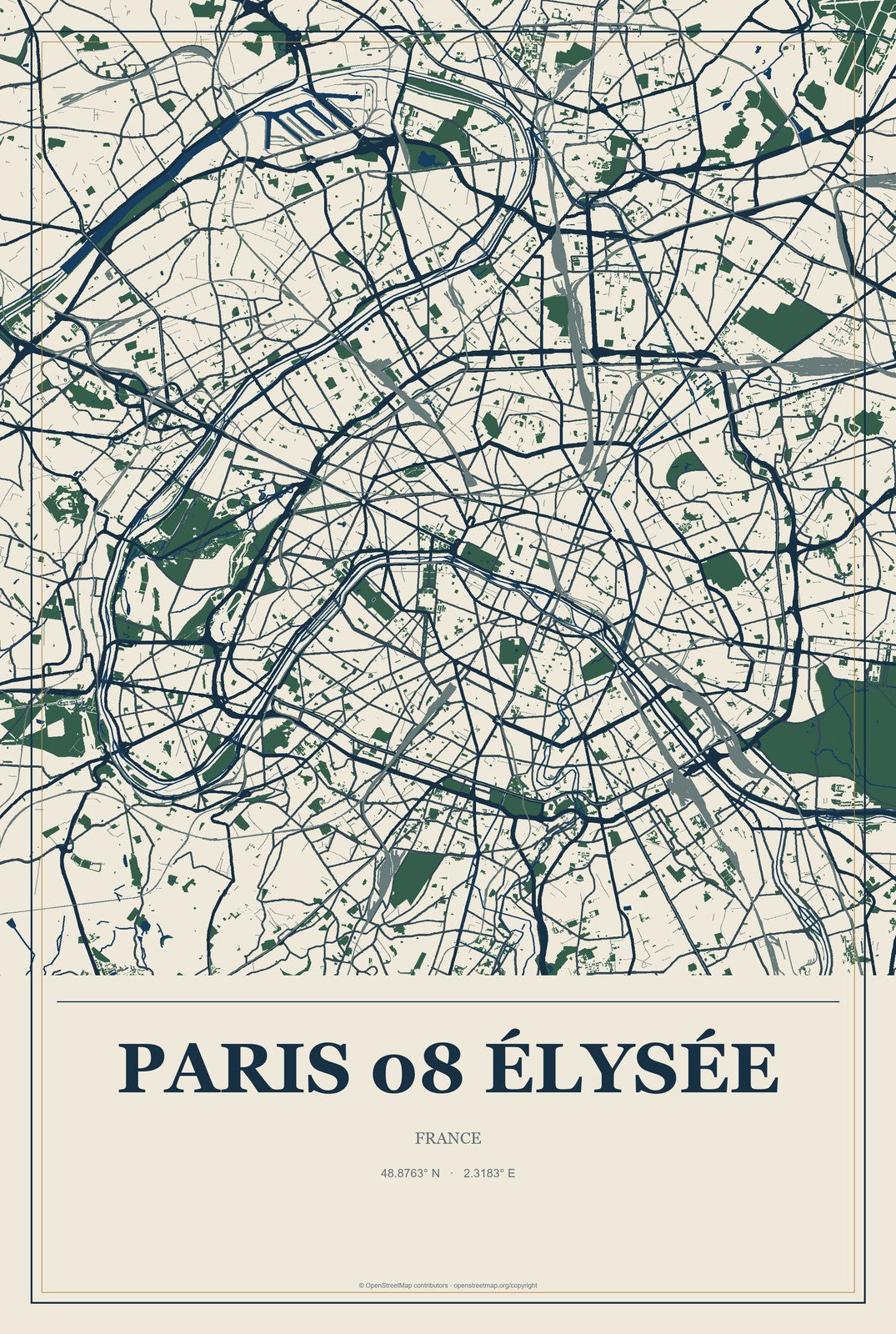 Paris 08 Élysée, France City Map Aluminum Sign in Coastal Cutout style