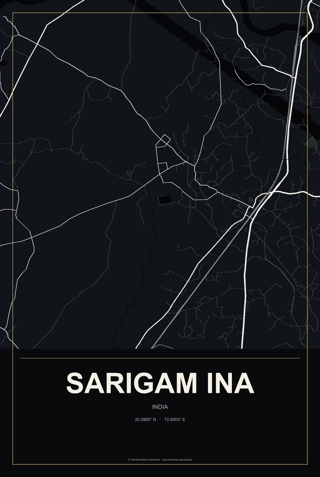 Sarigam INA, India City Map Aluminum Sign in Metropolitan Noir style