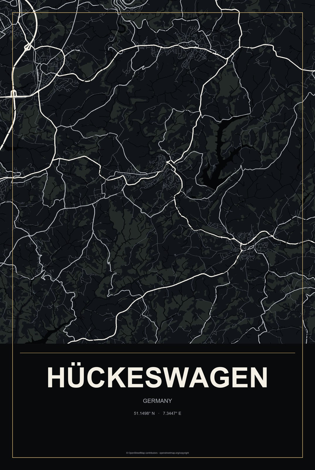 Hückeswagen, Germany City Map Aluminum Sign in Metropolitan Noir style
