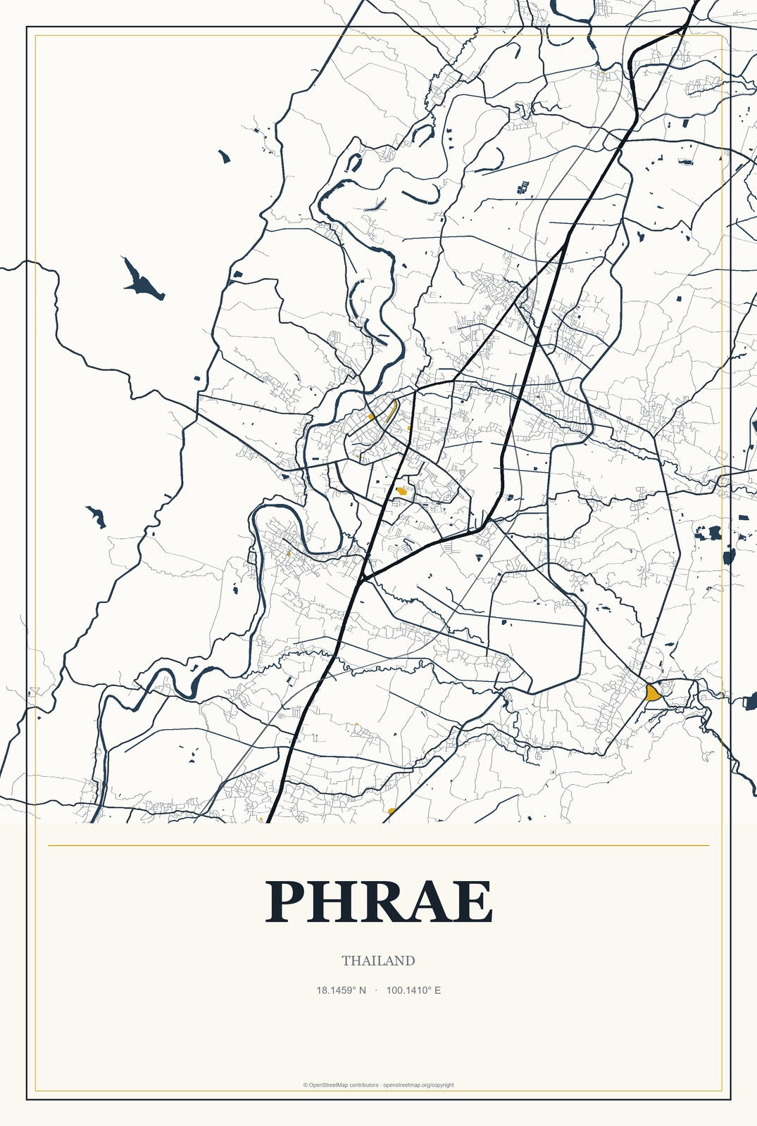 Phrae, Thailand City Map Aluminum Sign in Citrine Modern style