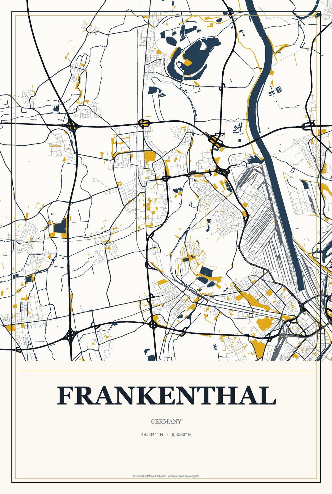 Frankenthal, Germany City Map Aluminum Sign in Citrine Modern style