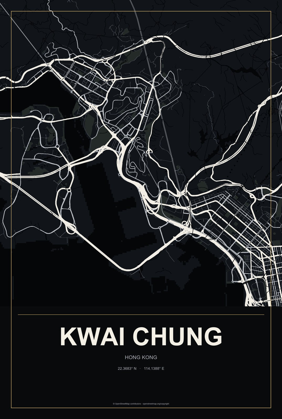 Kwai Chung, Hong Kong City Map Aluminum Sign in Metropolitan Noir style