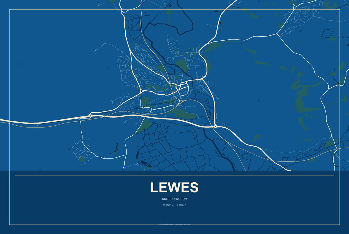 Lewes, United Kingdom City Map Aluminum Sign in Harbor Cobalt style