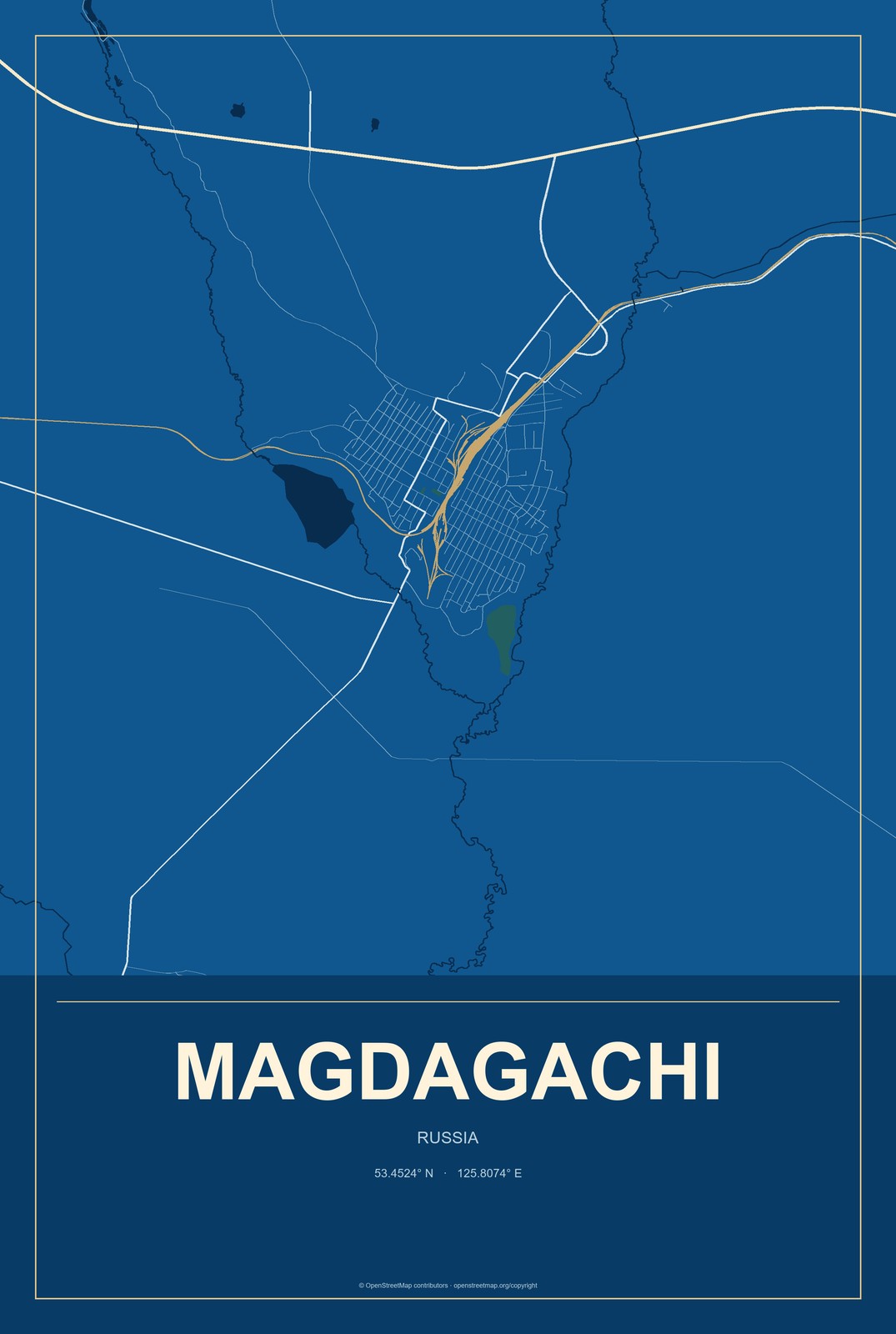 Magdagachi, Russia City Map Aluminum Sign in Harbor Cobalt style