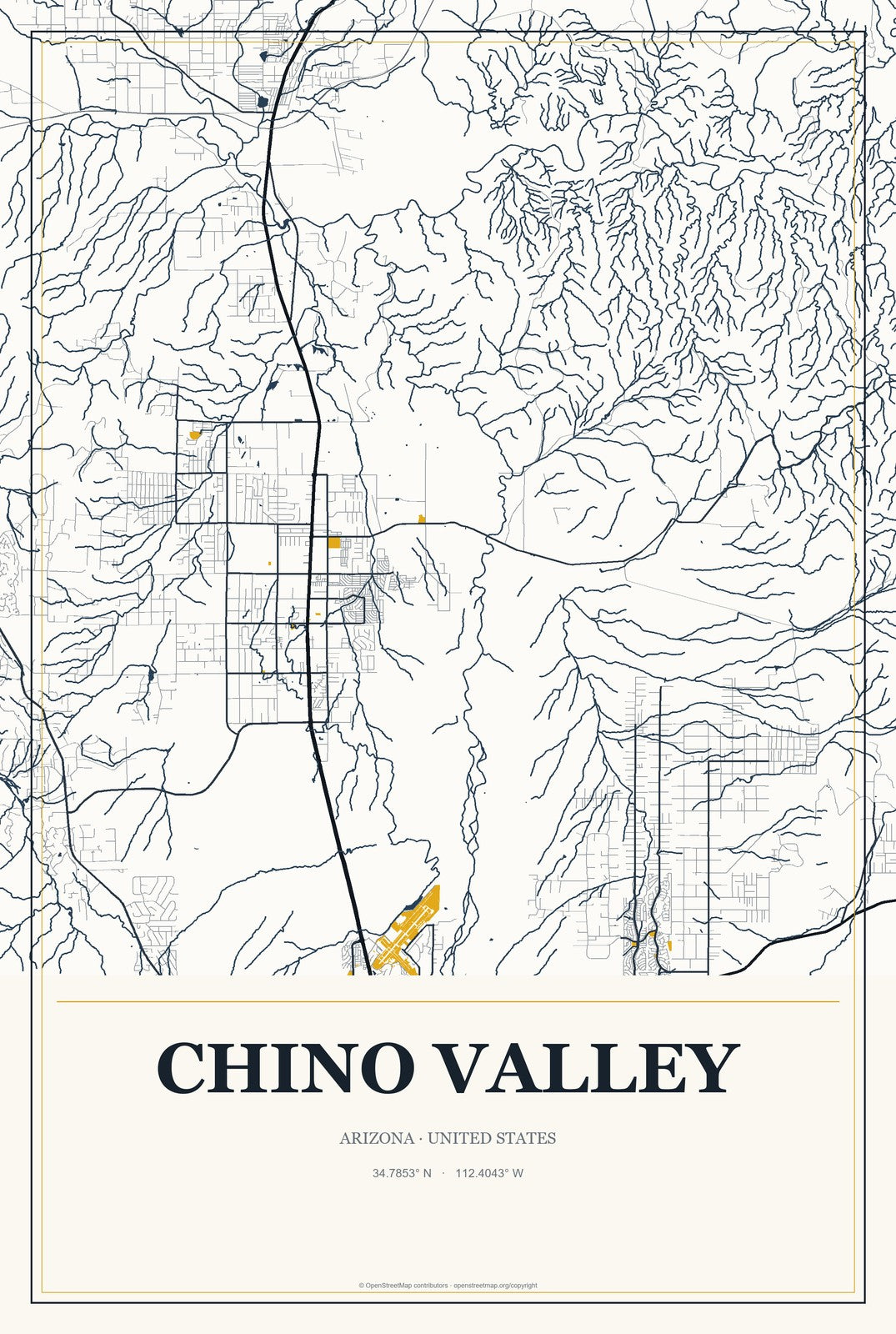 Chino Valley, Arizona City Map Aluminum Sign in Citrine Modern style