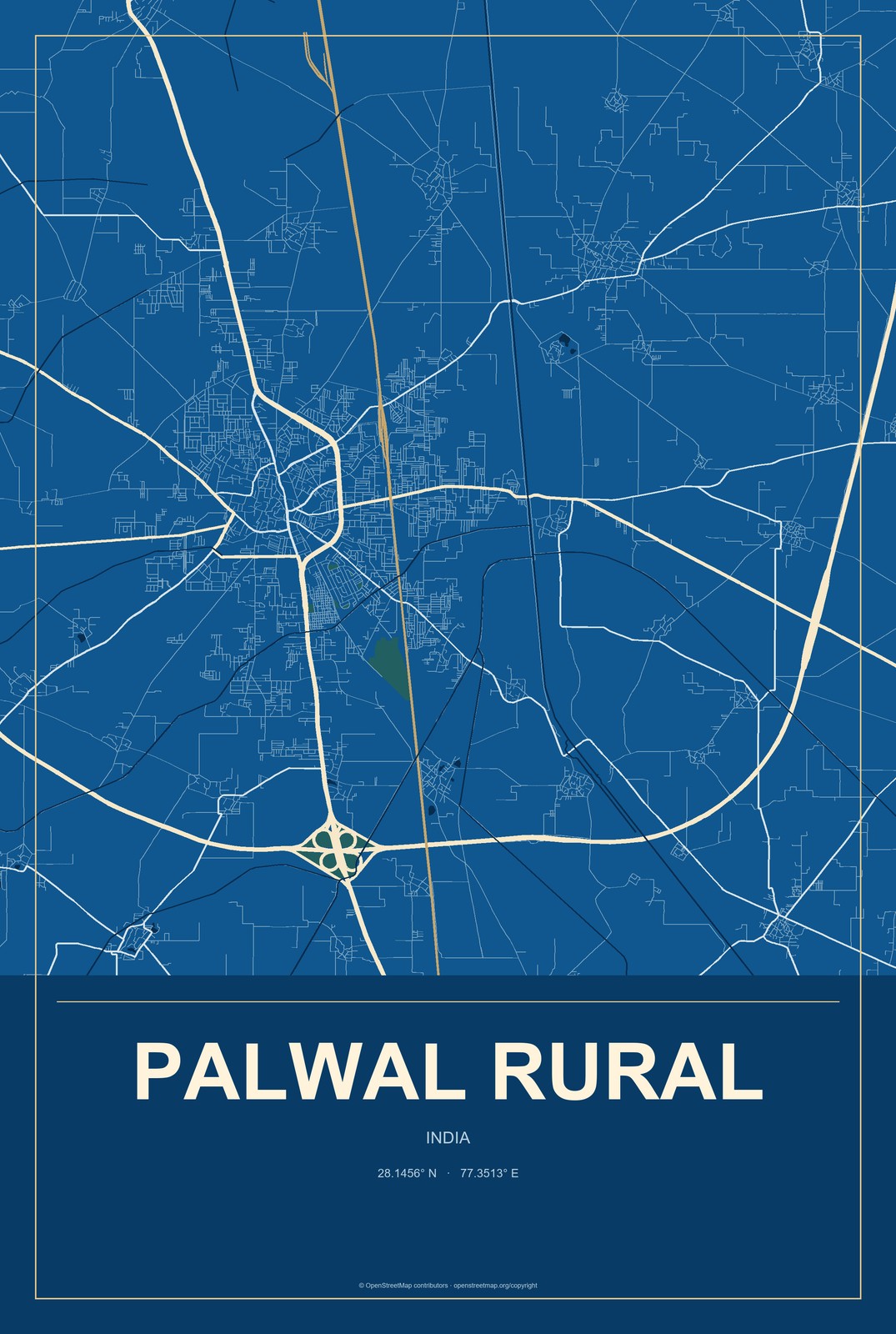 Palwal Rural, India City Map Aluminum Sign in Harbor Cobalt style