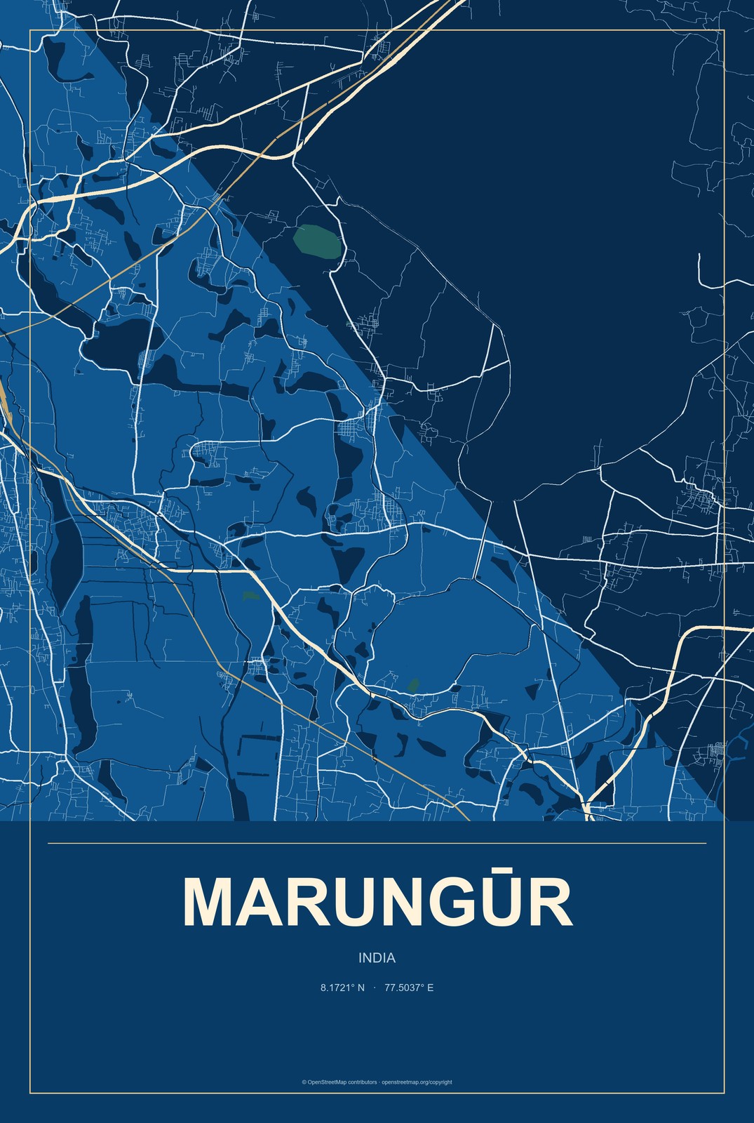 Marungūr, India City Map Aluminum Sign in Harbor Cobalt style