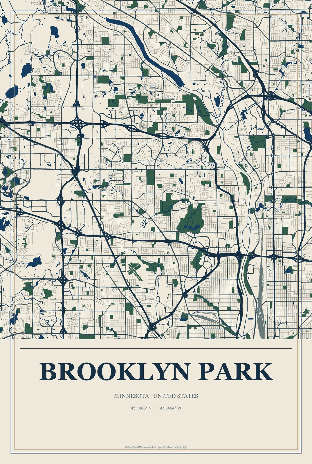 Brooklyn Park, Minnesota City Map Aluminum Sign in Coastal Cutout style