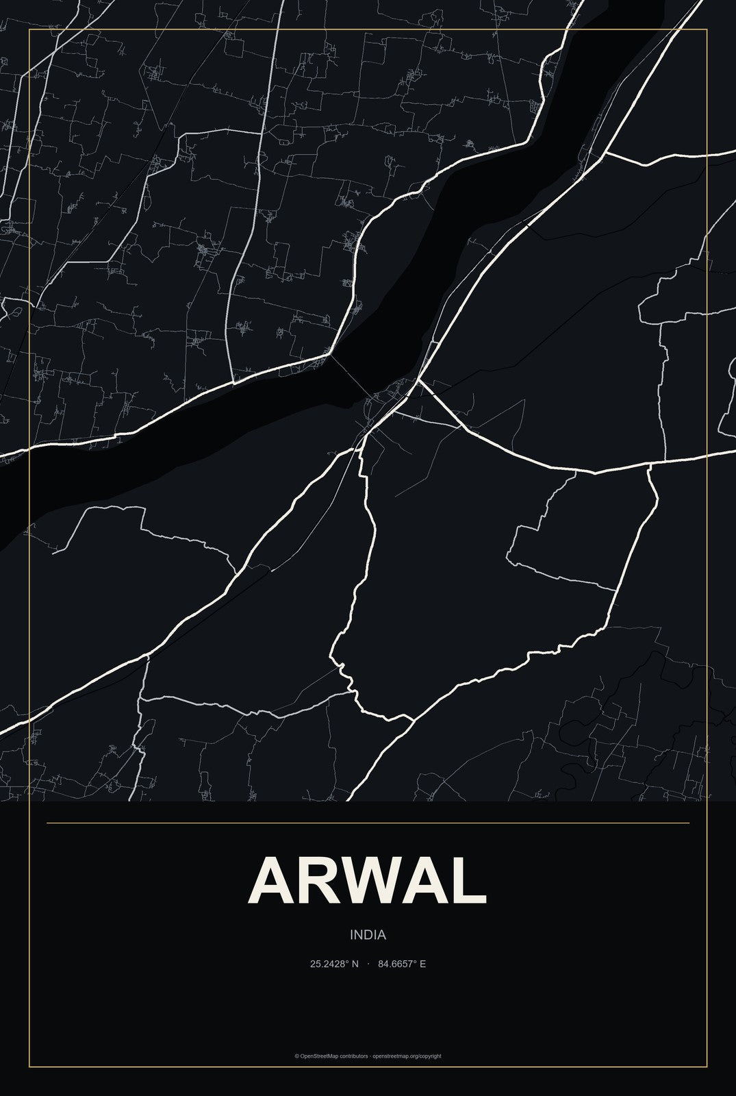 Arwal, India City Map Aluminum Sign in Metropolitan Noir style
