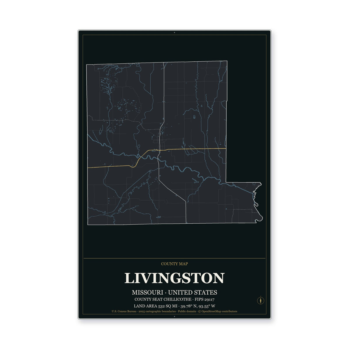 Livingston County, Missouri Map Aluminum Sign in Metropolitan Noir style