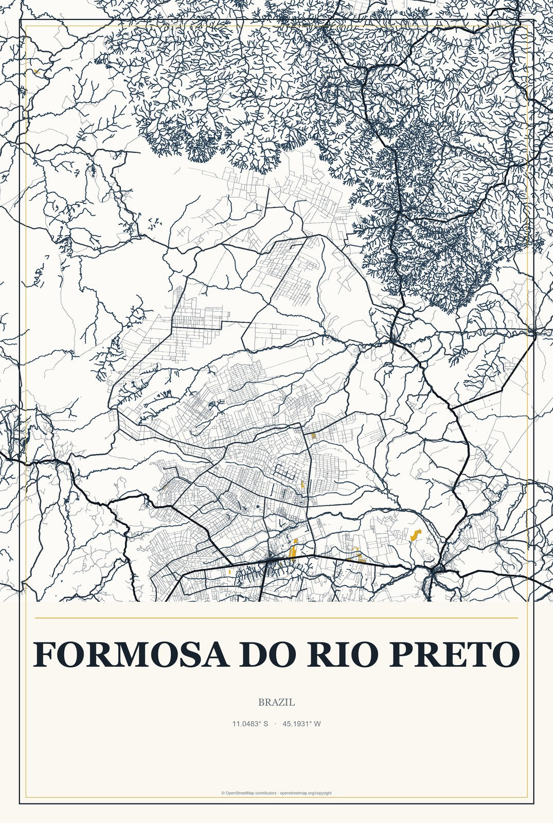 Formosa do Rio Preto, Brazil City Map Aluminum Sign in Citrine Modern style