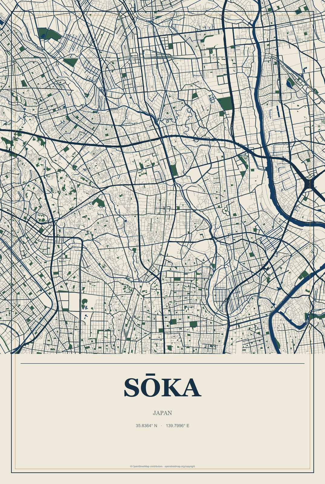 Sōka, Japan City Map Aluminum Sign in Coastal Cutout style