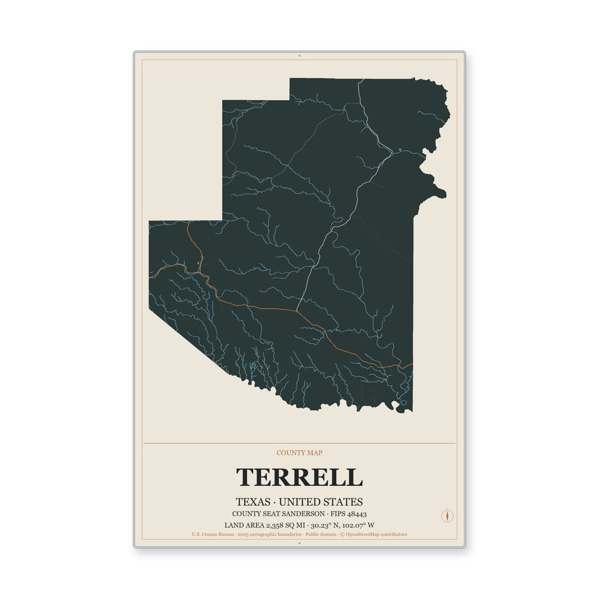 Terrell County, Texas Map Aluminum Sign in Headline Atlas style