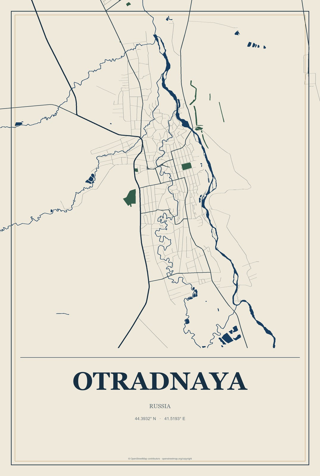 Otradnaya, Russia City Map Aluminum Sign in Coastal Cutout style