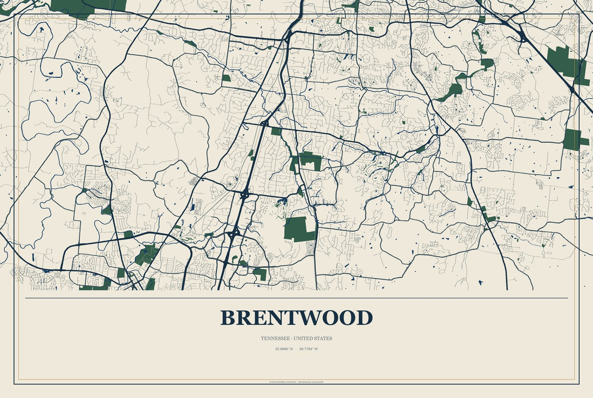 Brentwood, Tennessee City Map Aluminum Sign in Coastal Cutout style