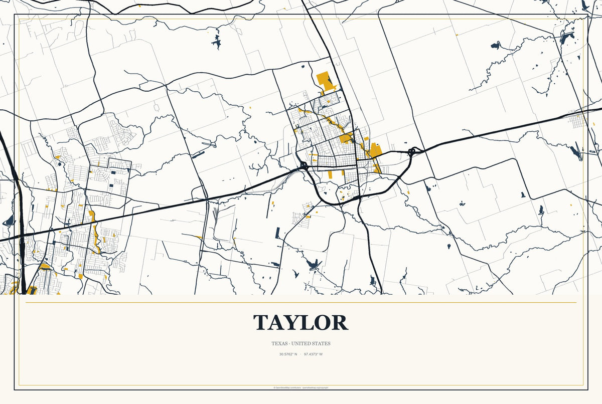 Taylor, Texas City Map Aluminum Sign in Citrine Modern style