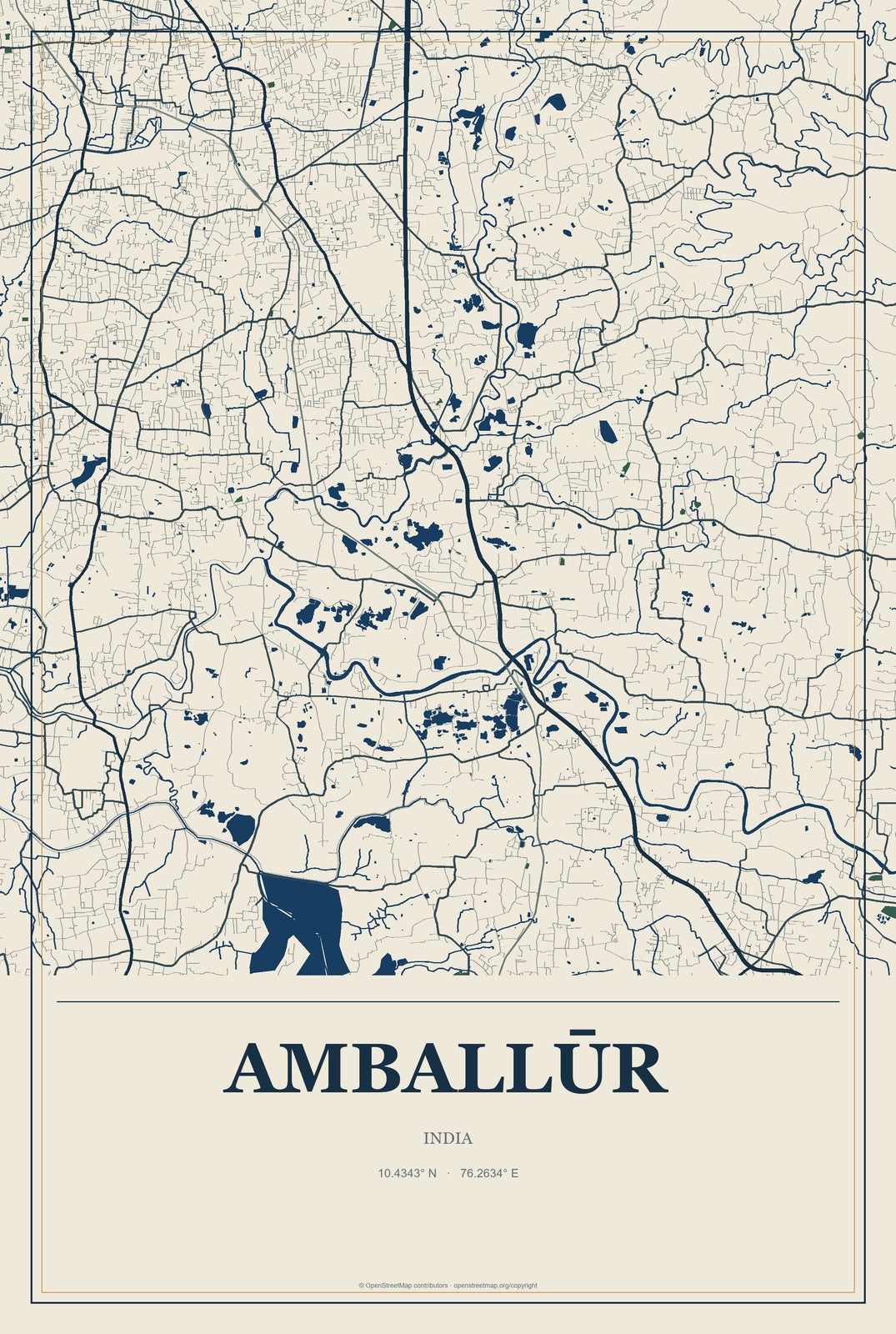 Amballūr, India City Map Aluminum Sign in Coastal Cutout style