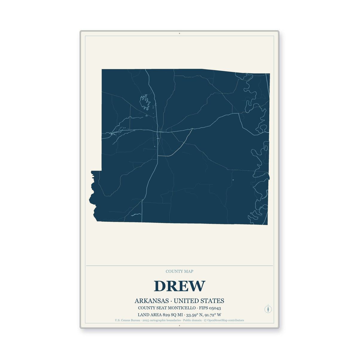 Drew County, Arkansas Map Aluminum Sign in Coastal Cutout style