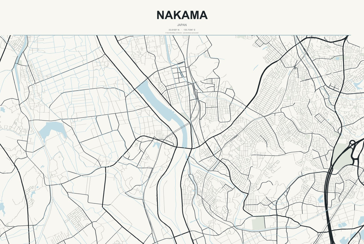 Nakama, Japan City Map Aluminum Sign in Headline Atlas style