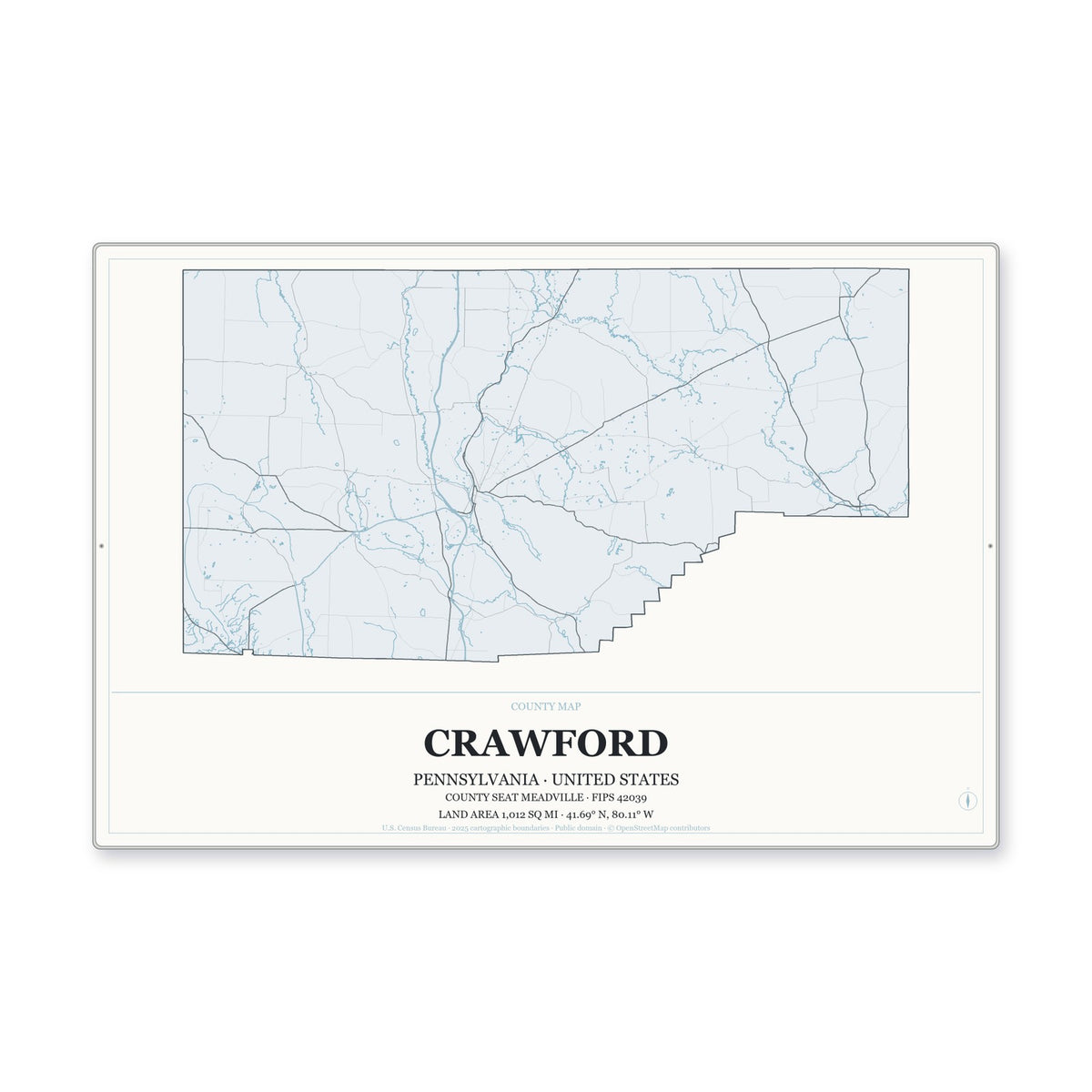 Crawford County, Pennsylvania Map Aluminum Sign in Gallery Air style