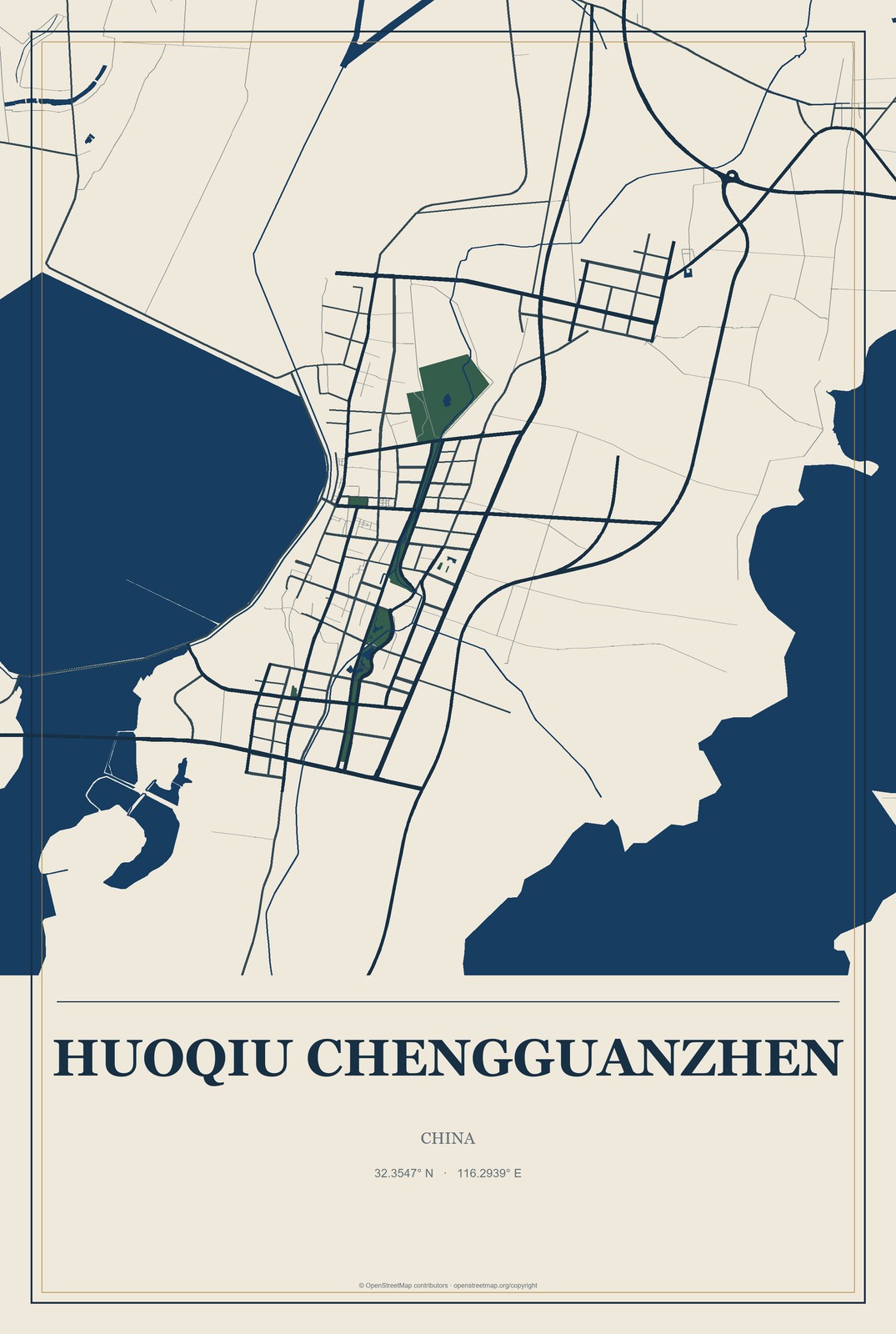 Huoqiu Chengguanzhen, China City Map Aluminum Sign in Coastal Cutout style