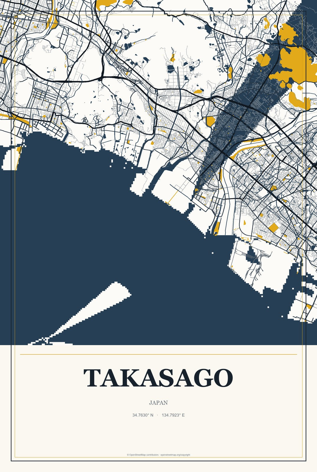 Takasago, Japan City Map Aluminum Sign in Citrine Modern style
