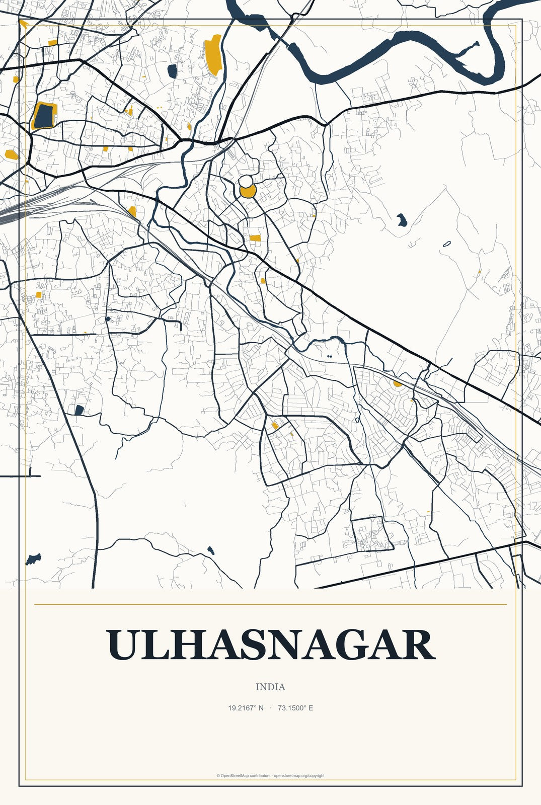 Ulhasnagar, India City Map Aluminum Sign in Citrine Modern style