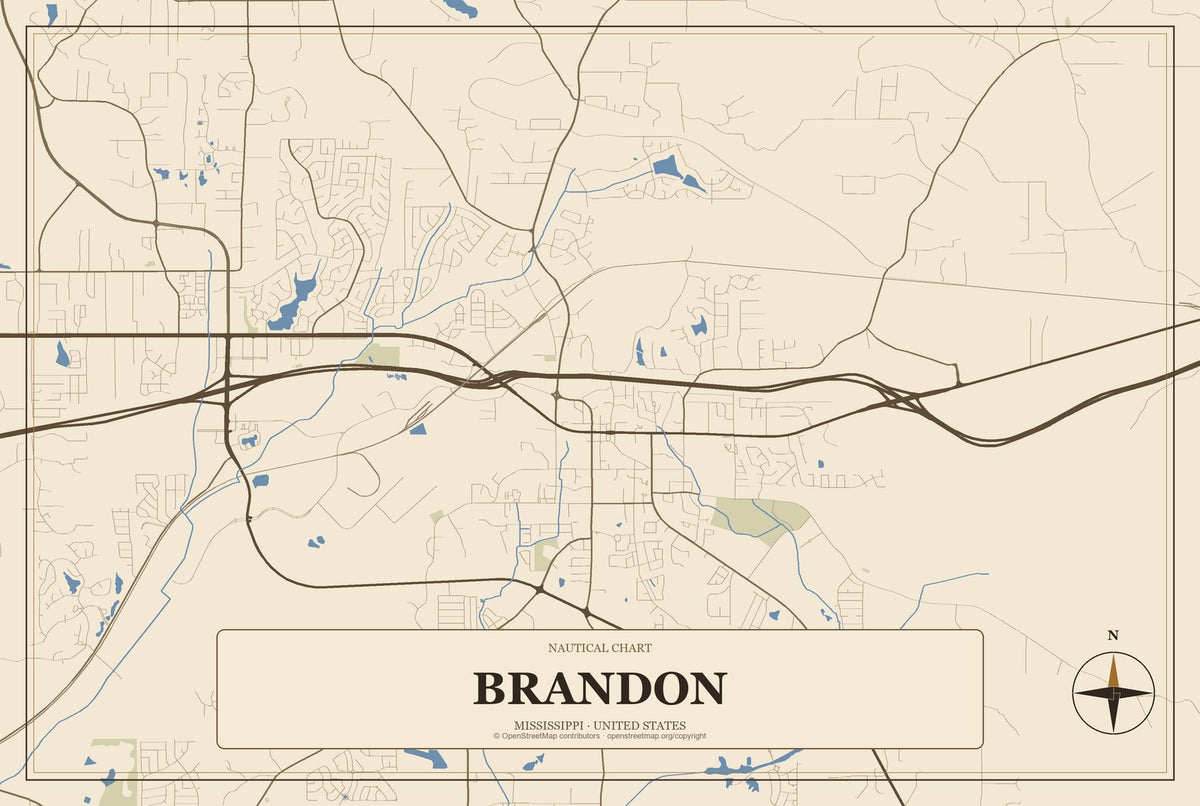 Brandon, Mississippi City Map Aluminum Sign in Heritage Nautical style