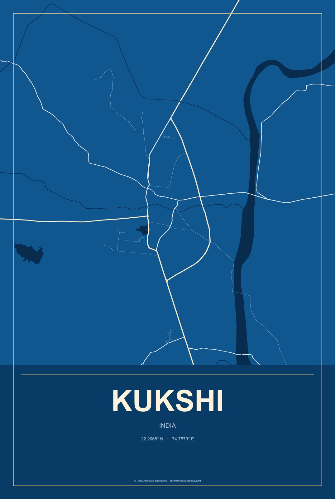 Kukshi, India City Map Aluminum Sign in Harbor Cobalt style