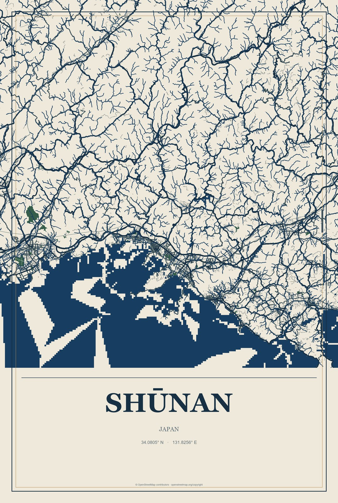 Shūnan, Japan City Map Aluminum Sign in Coastal Cutout style