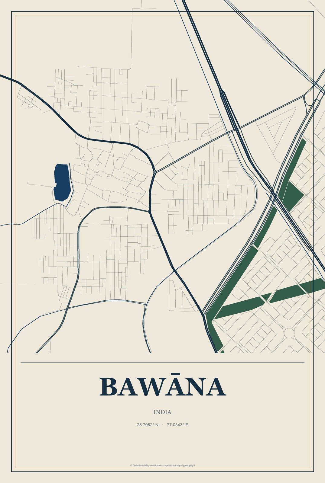 Bawāna, India City Map Aluminum Sign in Coastal Cutout style