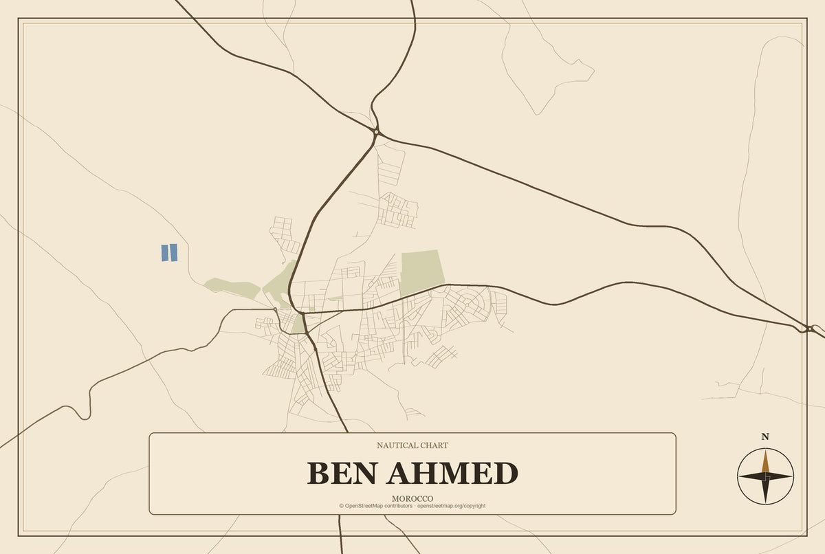 Ben Ahmed, Morocco City Map Aluminum Sign in Heritage Nautical style
