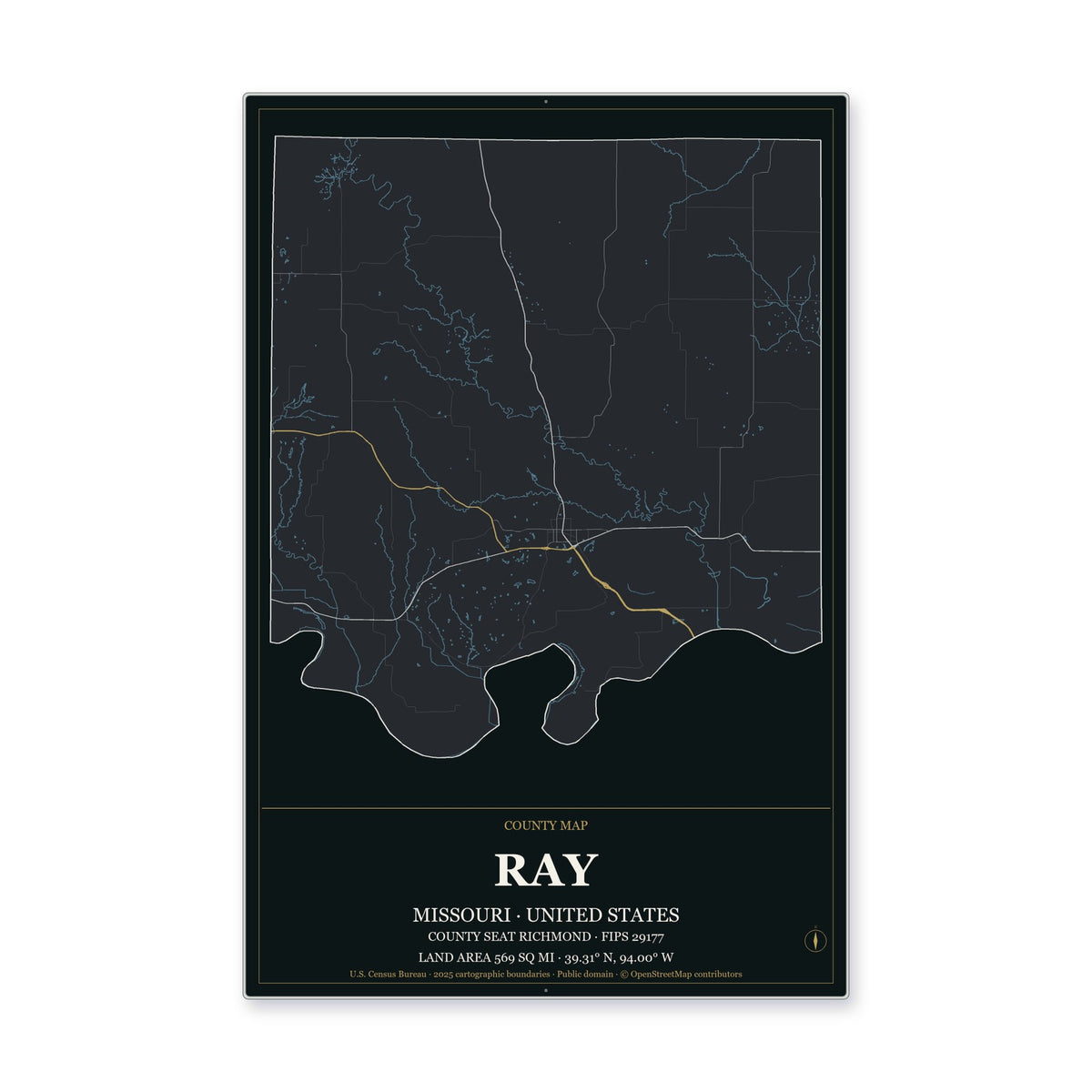 Ray County, Missouri Map Aluminum Sign in Metropolitan Noir style