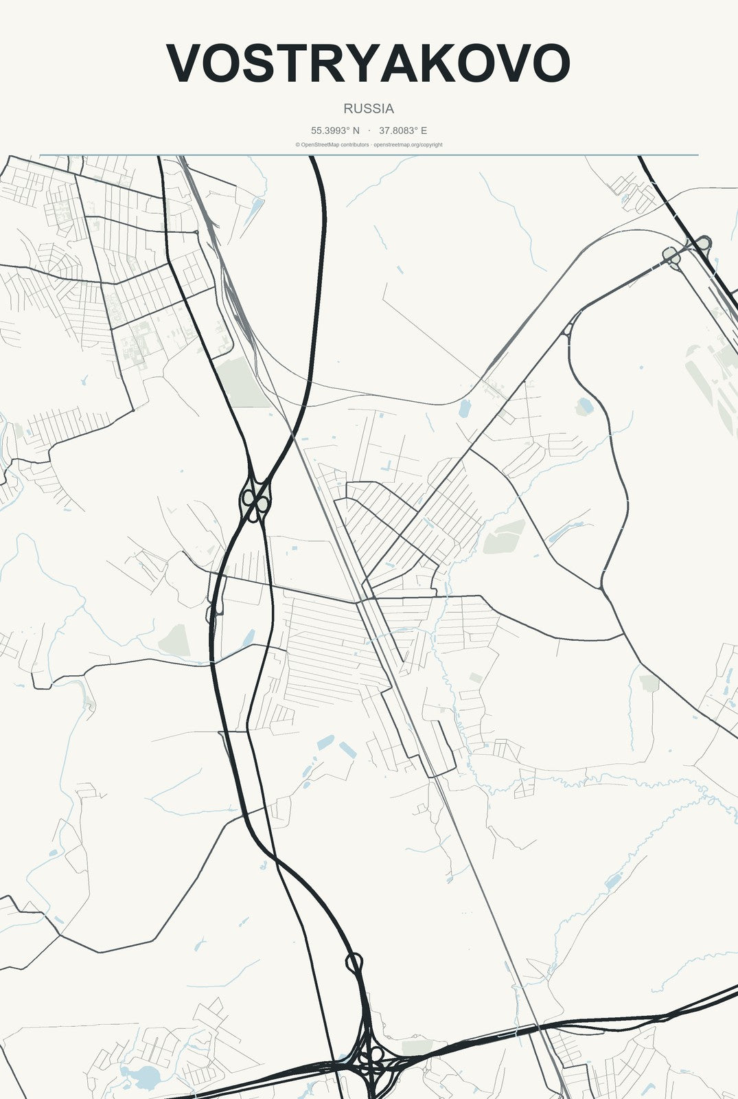 Vostryakovo, Russia City Map Aluminum Sign in Headline Atlas style