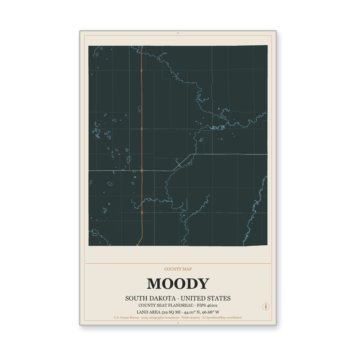 Moody County, South Dakota Map Aluminum Sign in Headline Atlas style