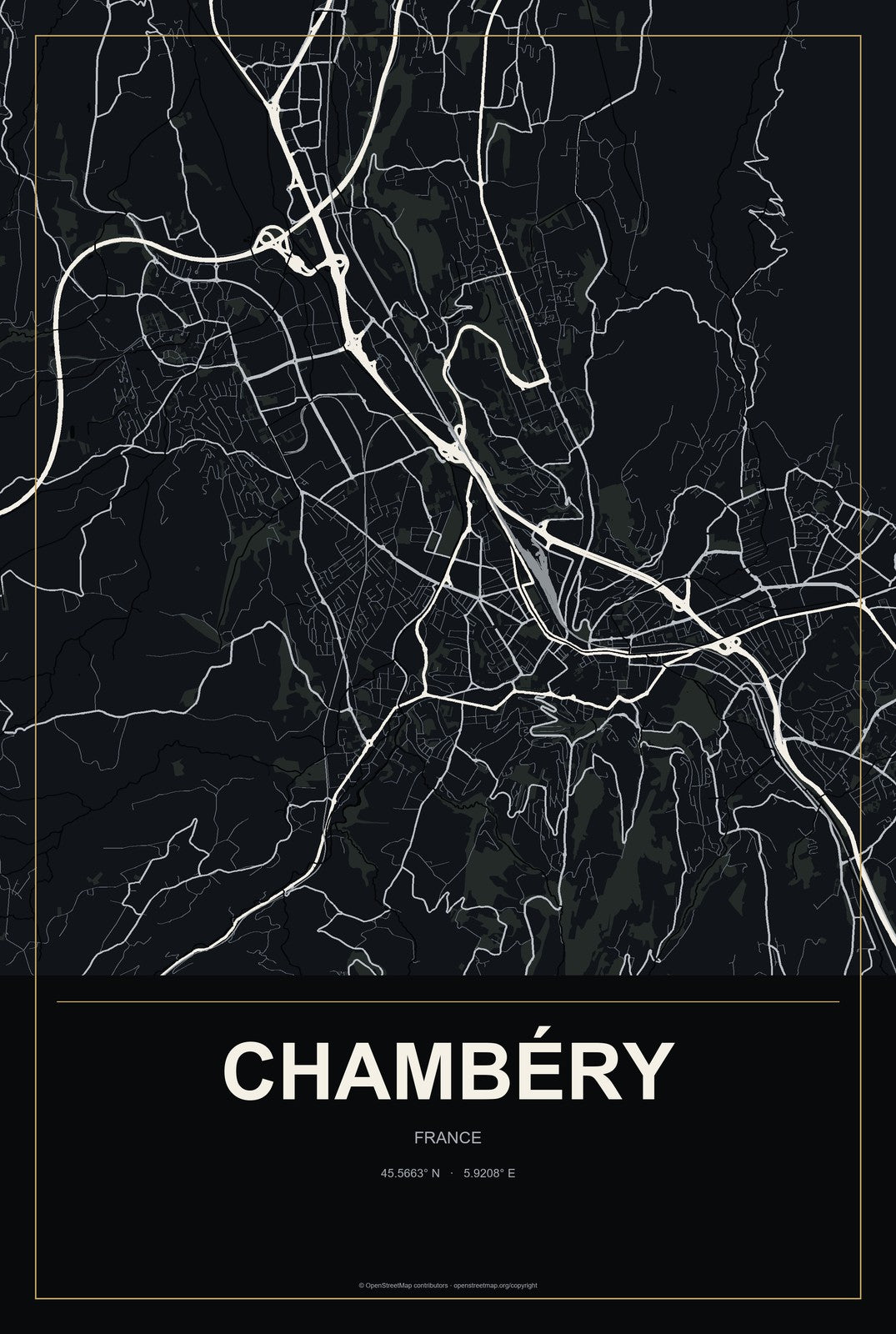 Chambéry, France City Map Aluminum Sign in Metropolitan Noir style