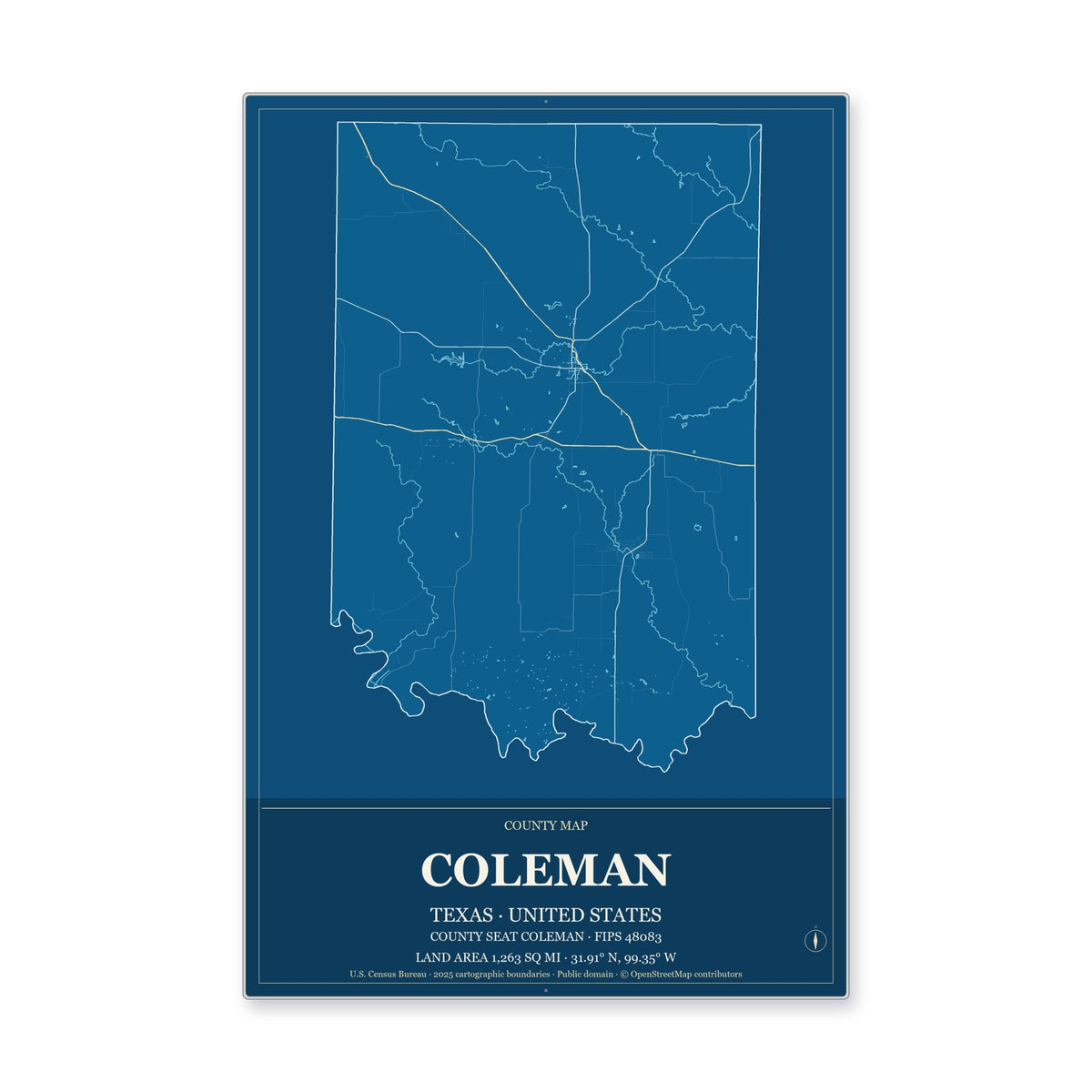 Coleman County, Texas Map Aluminum Sign in Harbor Cobalt style