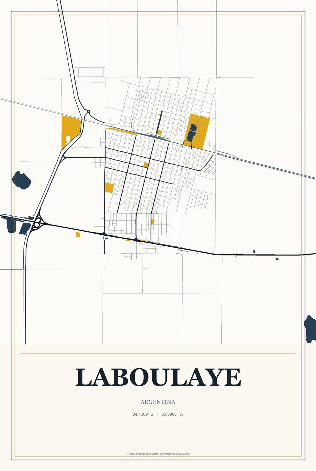 Laboulaye, Argentina City Map Aluminum Sign in Citrine Modern style