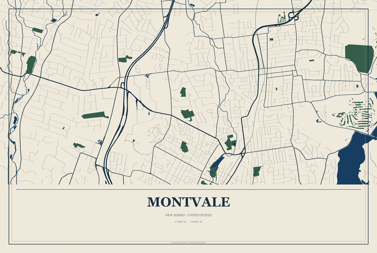 Montvale, New Jersey City Map Aluminum Sign in Coastal Cutout style