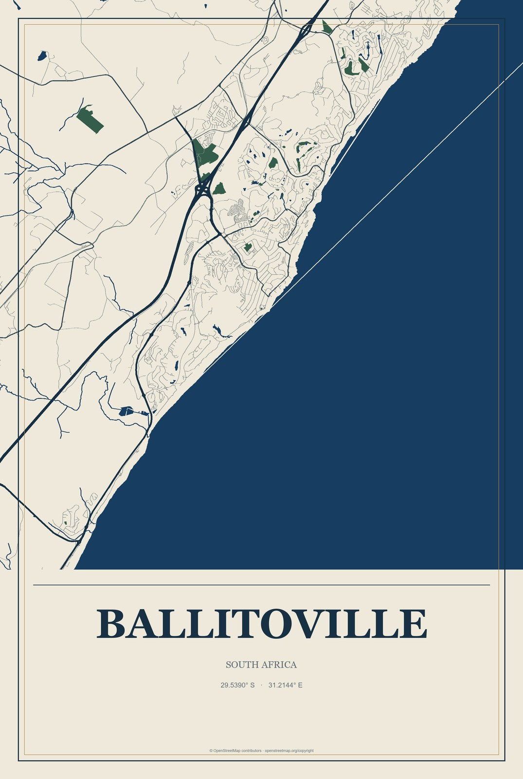 Ballitoville, South Africa City Map Aluminum Sign in Coastal Cutout style