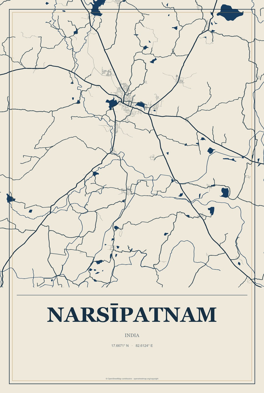 Narsīpatnam, India City Map Aluminum Sign in Coastal Cutout style