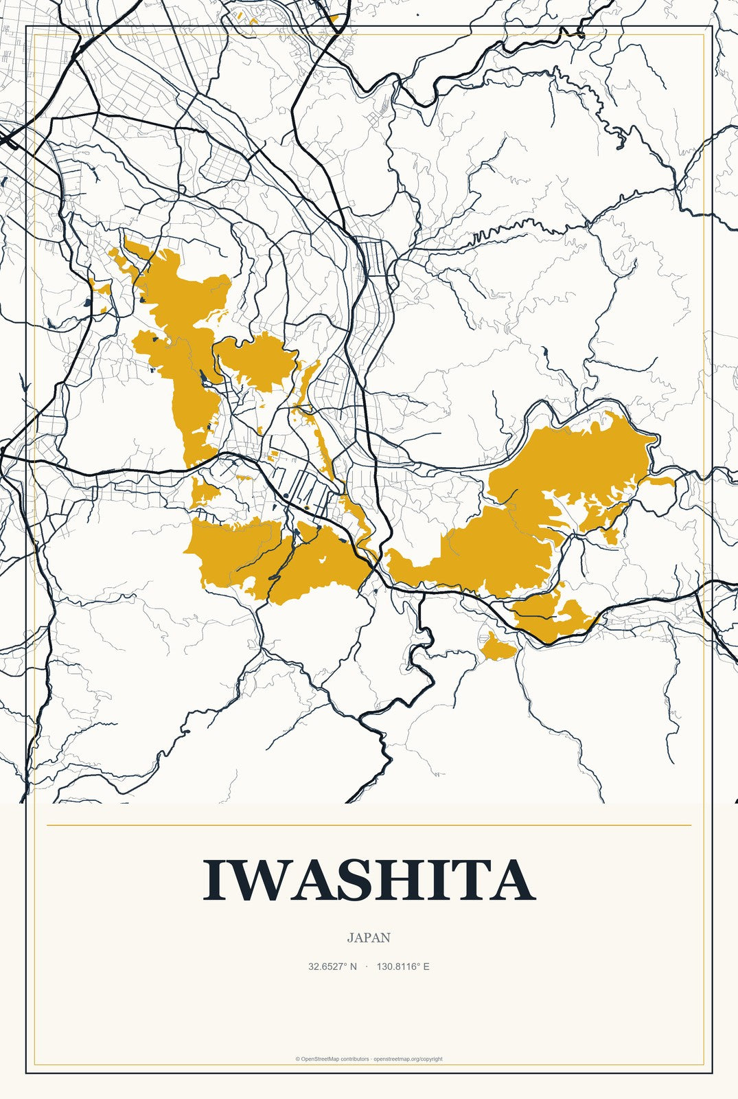 Iwashita, Japan City Map Aluminum Sign in Citrine Modern style