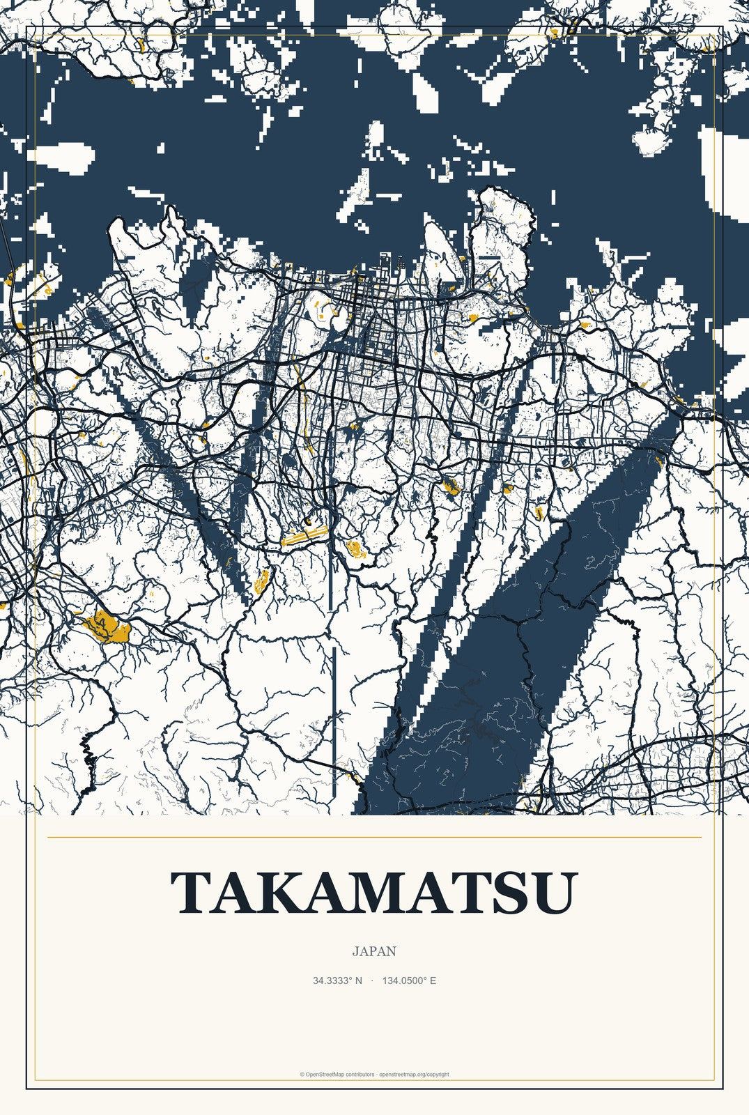 Takamatsu, Japan City Map Aluminum Sign in Citrine Modern style