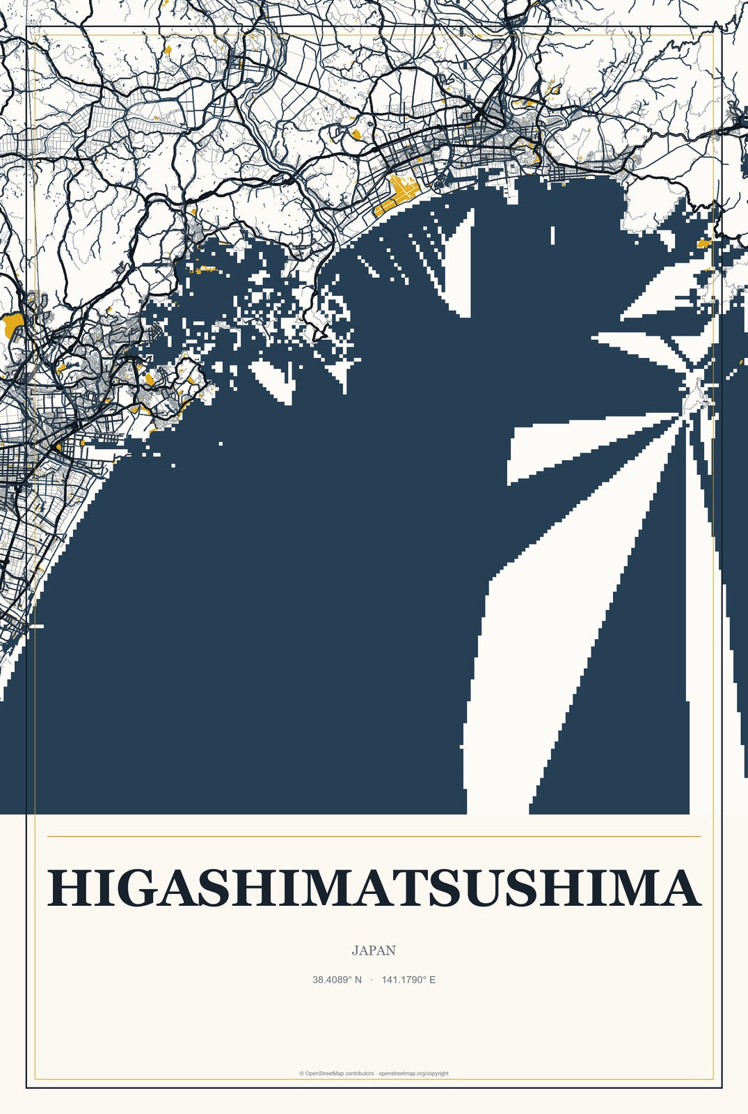 Higashimatsushima, Japan City Map Aluminum Sign in Citrine Modern style