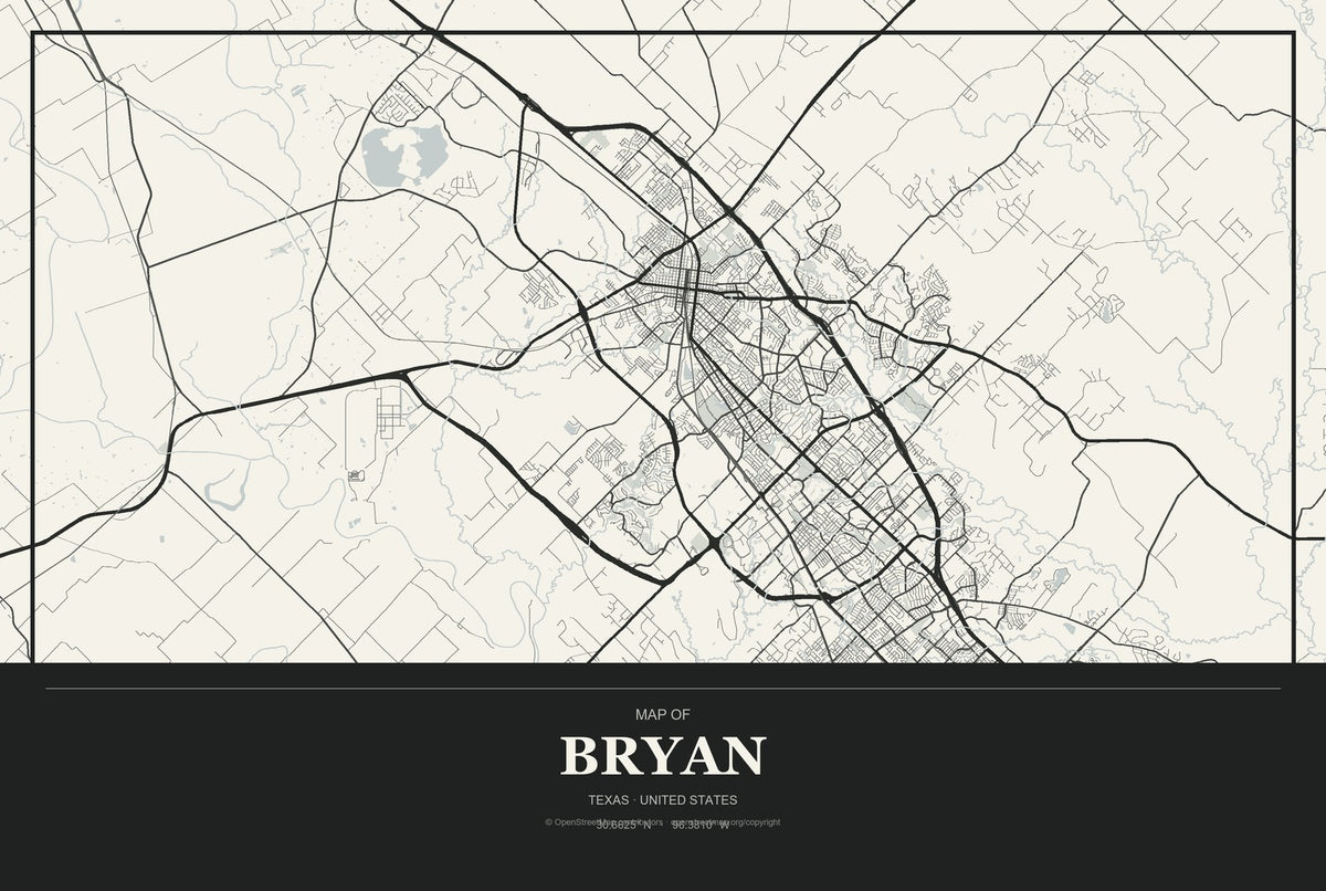 Bryan, Texas City Map Aluminum Sign in Museum Plaque style