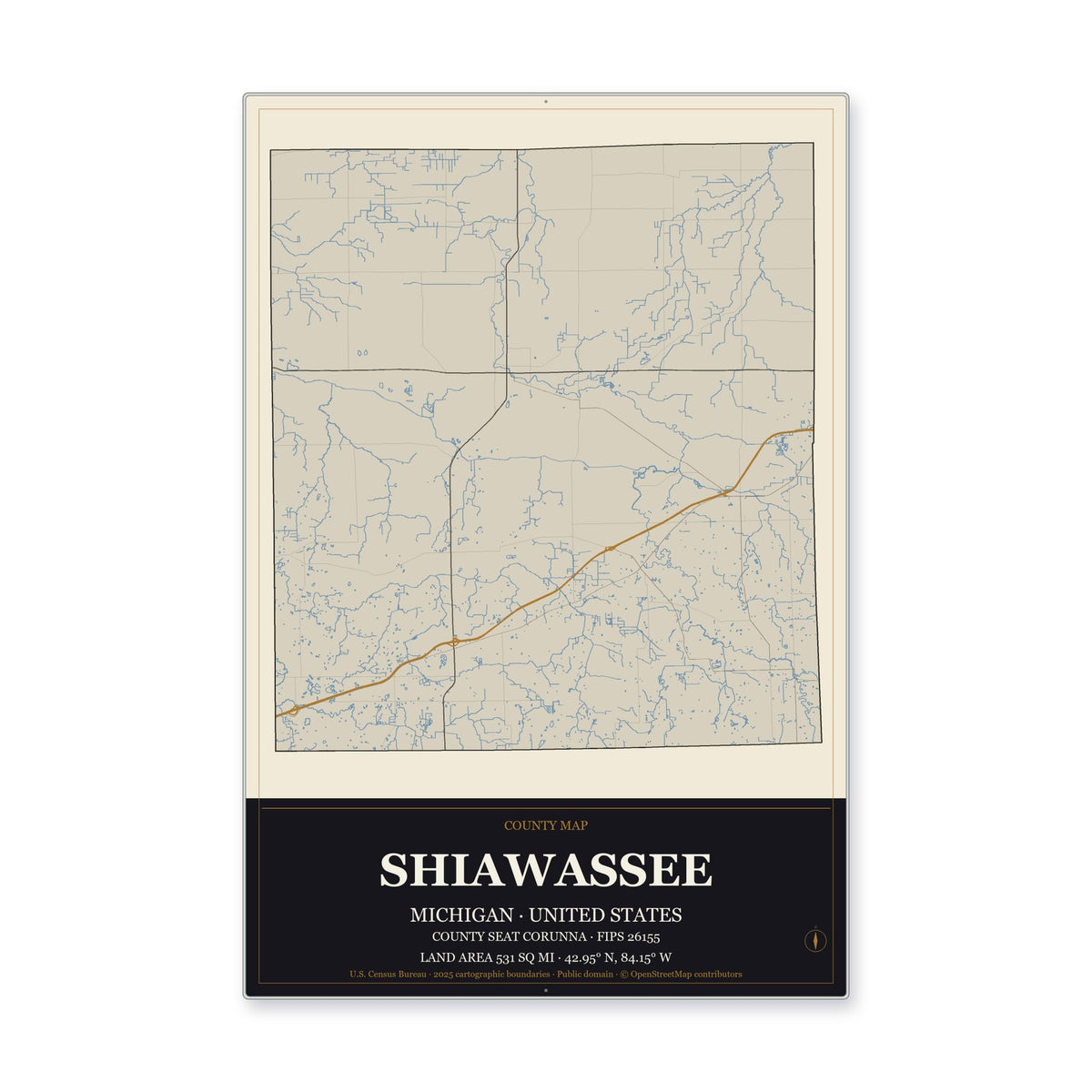 Shiawassee County, Michigan Map Aluminum Sign in Museum Plaque style